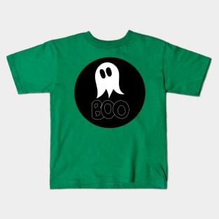 Cute ghost cartoon BOO text circle frame black Kids T-Shirt